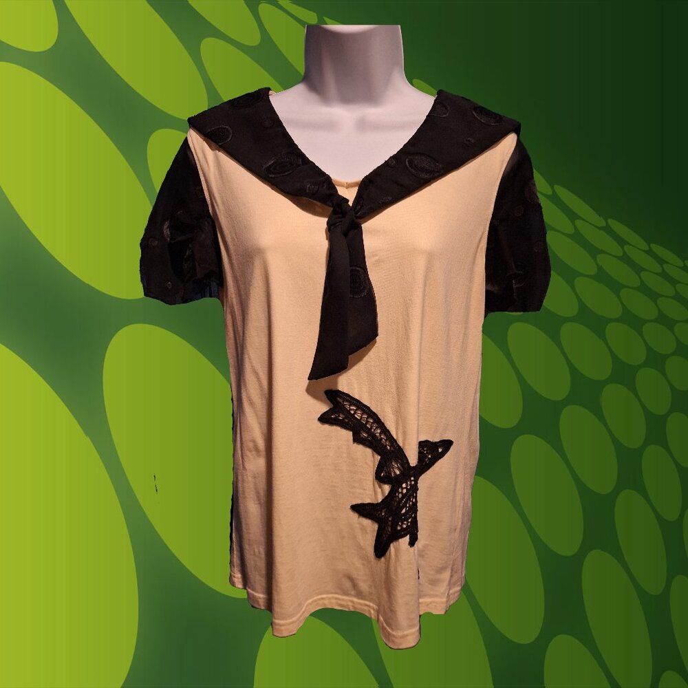 Anna Sui Black and Cream Cap Sleeve Tie Front Tee